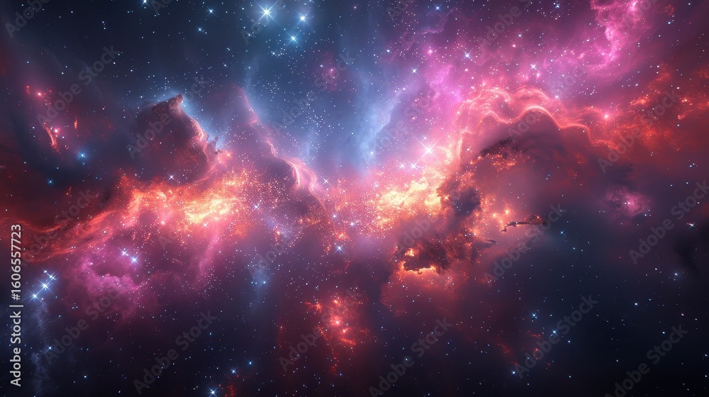 Fototapeta premium A colorful cosmic cloud formation featuring pinks, reds, and blues dotted with scattered stars