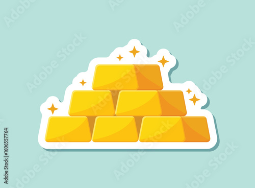 Gold bar stack sticker icon in flat style. Golden ingot vector illustration on isolated background. Financial treasure sign business concept.