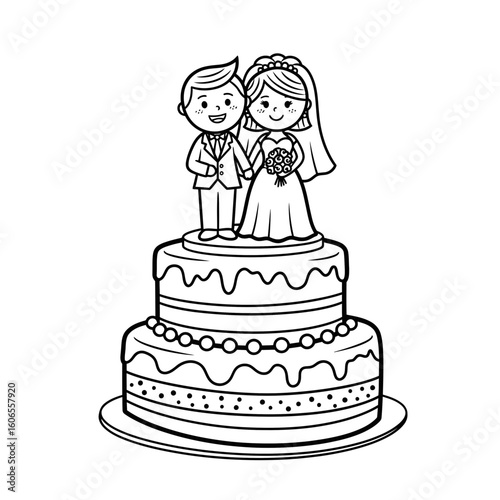 Wedding cake with bride and groom figurines in black and white  