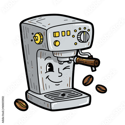 Cartoon coffee machine with smiling face and coffee beans  