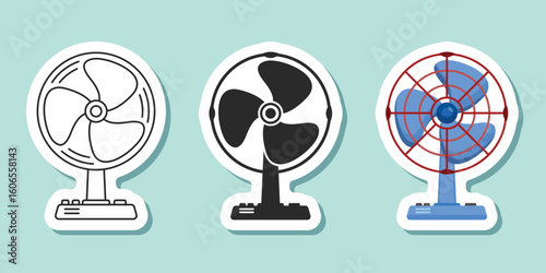 Electric fan sticker icon set collection in flat style. Propeller vector illustration on isolated background. Cooler sign business concept.