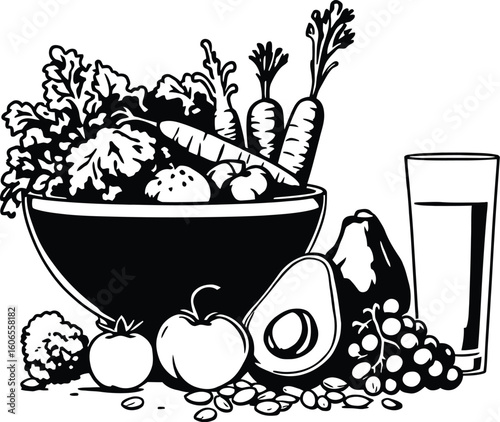 A black and white drawing of a bowl of salad with vegetables and a glass of juice next to it