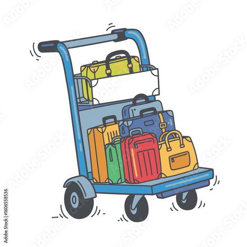 Luggage cart loaded with colorful suitcases and travel bags  