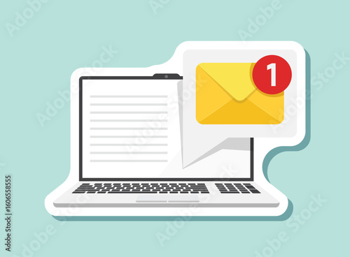 Laptop with envelope sticker icon in flat style. Computer vector illustration on isolated background. Email notification sign business concept.