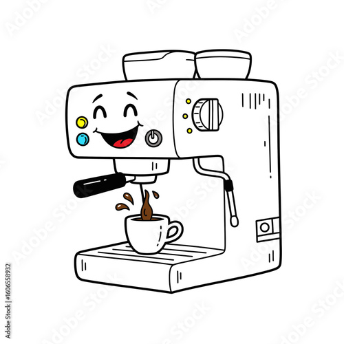 Happy cartoon coffee machine brewing coffee into a cup  
