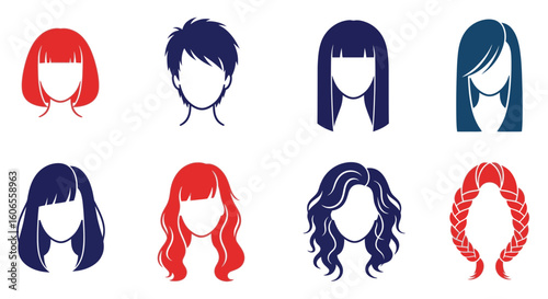 Hair styles in various colors and lengths in flat design  