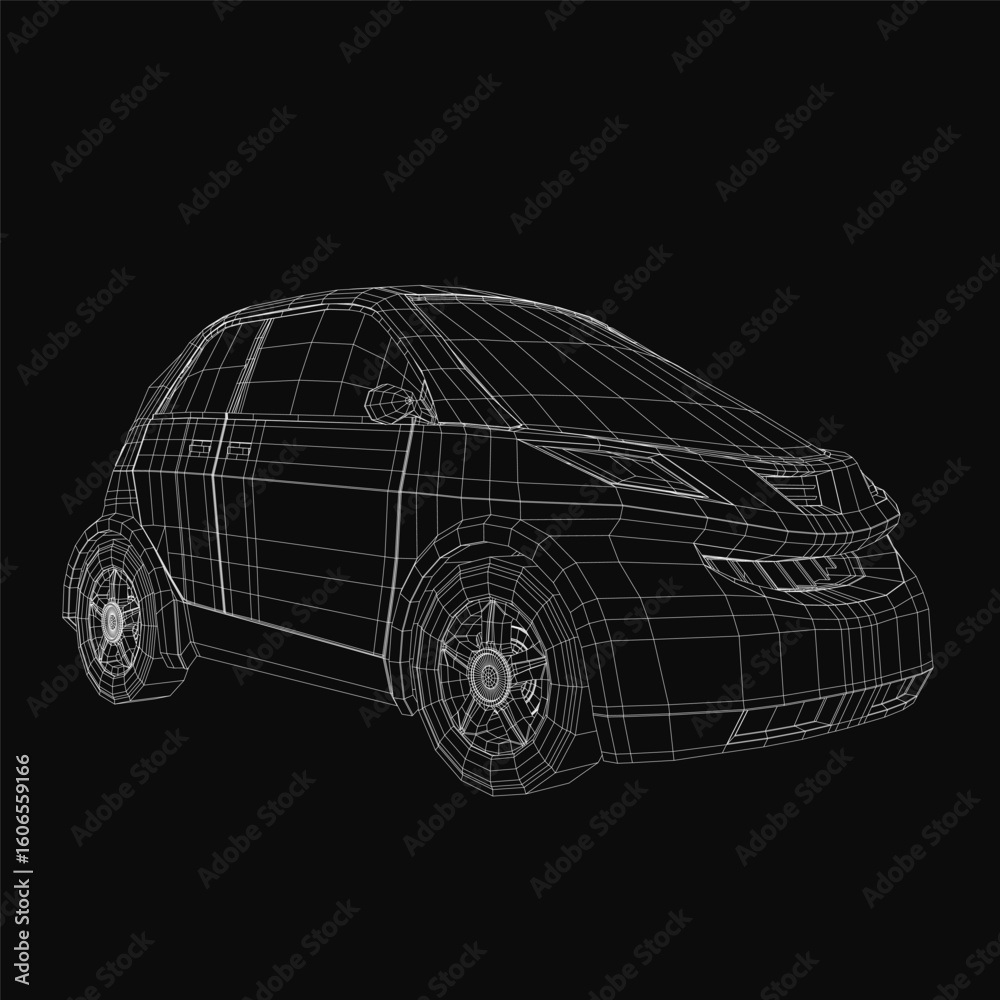 Naklejka premium A 3D wireframe model of a electric car on a black background, showcasing sleek design and modern technology. The small car features realistic rendering with clean lines and detailed.