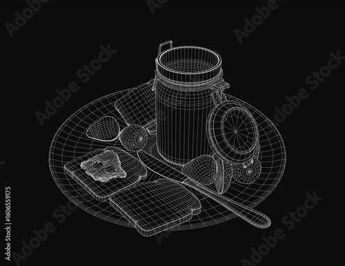 A 3D wireframe model of a plate holds a jar of jam and a spoon, rendered with clean lines against a dark background. The minimalist food illustration highlights geometric details and digital.