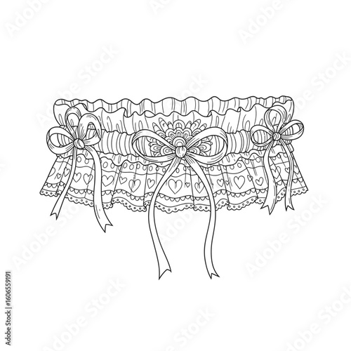 Lace garter with bows and hearts design in black and white  