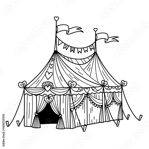 Circus tent with decorative elements and flags in black and white  