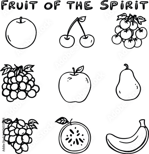 Fruit of the spirit illustration with apple cherries grapes pear orange and banana on white background