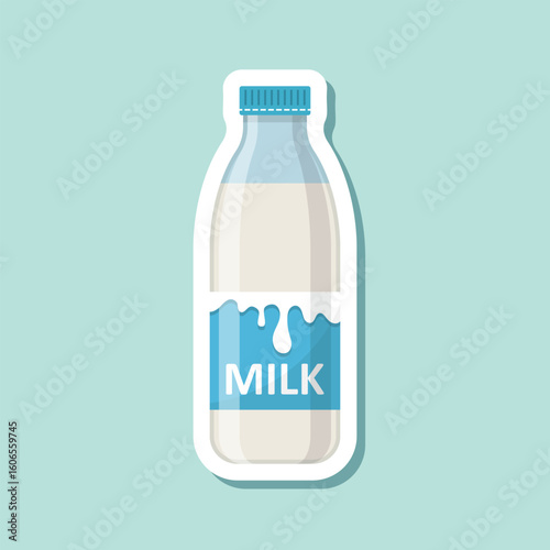 Milk bottle sticker icon in flat style. Dairy product vector illustration on isolated background. Milky liquid sign business concept.