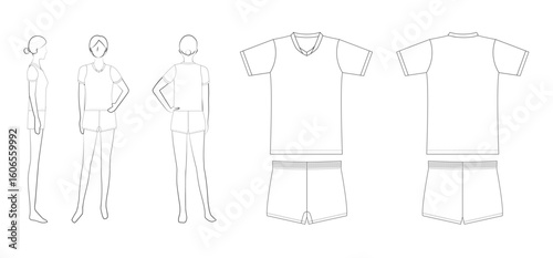 女子バレーボールユニフォームのテンプレート（無地・Vネック・前・後・横・平面図）
Women's Volleyball Uniform Template – Plain V-Neck, Front, Back, Side & Flat Views

