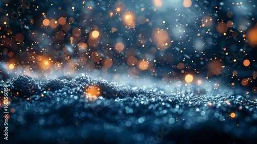 Snowy ground with glittering light orbs and sparks against a blurred dark blue background