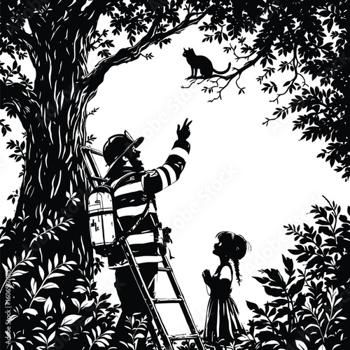 A firefighter rescues a cat from a tree while a little girl watches in a black and white illustration