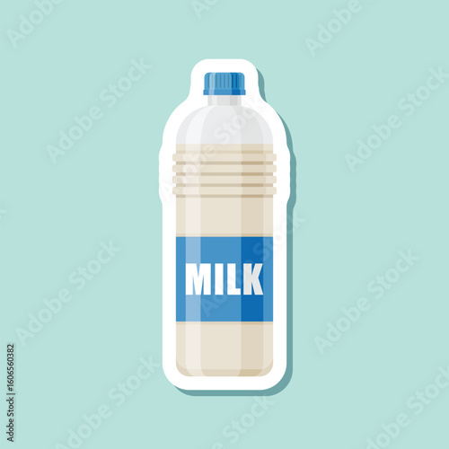 Milk bottle sticker icon in flat style. Dairy product vector illustration on isolated background. Milky liquid sign business concept.