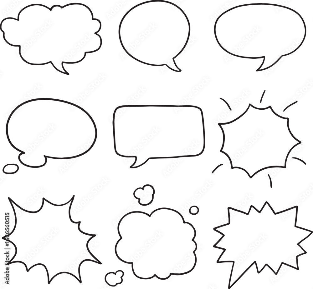 Fototapeta premium A set of diverse speech bubbles and text balloons in black outlines on a white background, perfect for graphic design and illustrations.