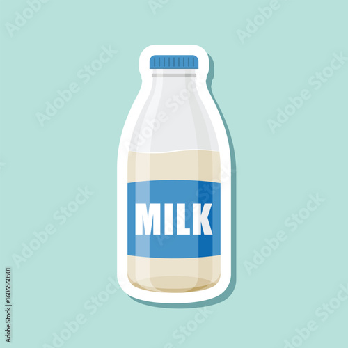 Milk bottle sticker icon in flat style. Dairy product vector illustration on isolated background. Milky liquid sign business concept.