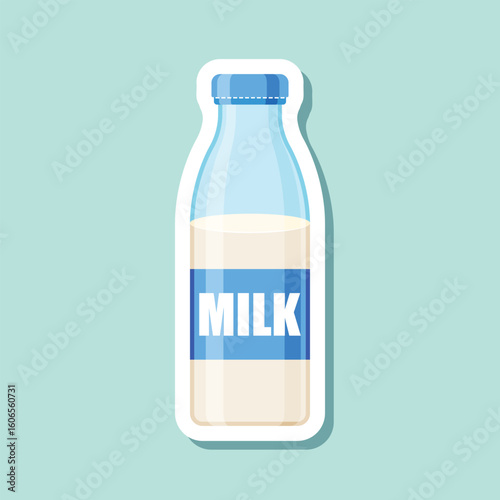 Milk bottle sticker icon in flat style. Dairy product vector illustration on isolated background. Milky liquid sign business concept.