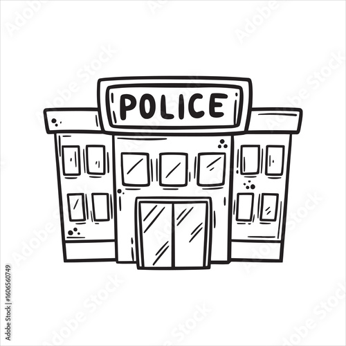 Police station cartoon illustration, hand-drawn doodle style. Black and white outline of a law enforcement building, perfect for coloring books or icons.
