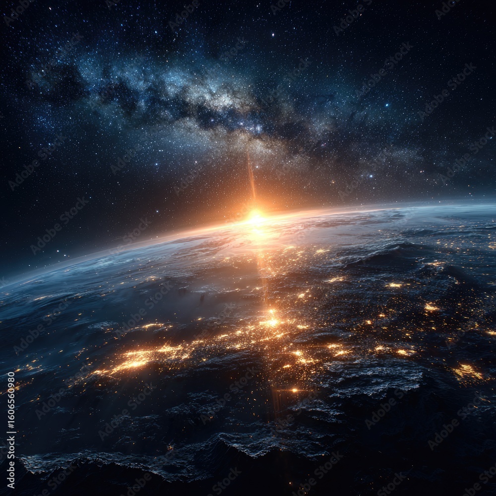 Fototapeta premium Earth sunrise, city lights, vast space