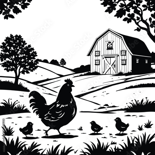 A black and white illustration of a hen with chicks near a barn on a farm in a rural landscape