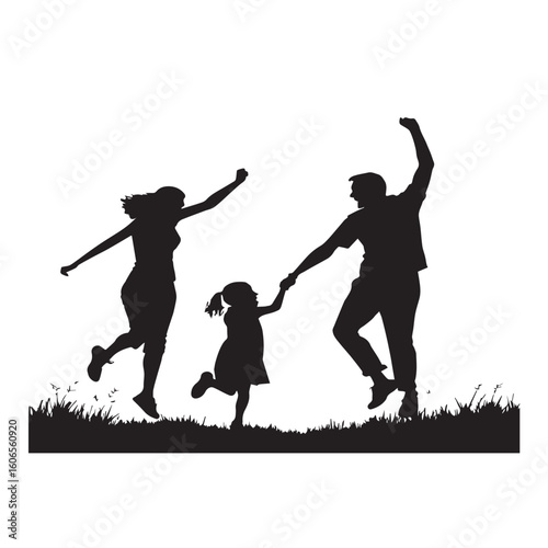 Joyful silhouetted family of three jumping and celebrating outdoors at sunset with arms raised high