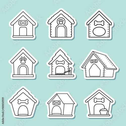 Dog house sticker icon set collection in flat style. Pet home vector illustration on isolated background. Animal shelter sign business concept.
