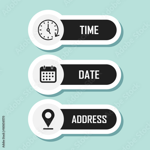 Date, time, location sticker icon in flat style. Event message vector illustration on isolated background. Information sign business concept.