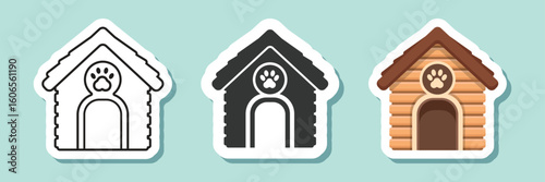 Dog house sticker icon set collection in flat style. Pet home vector illustration on isolated background. Animal shelter sign business concept.