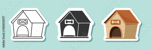 Dog house sticker icon set collection in flat style. Pet home vector illustration on isolated background. Animal shelter sign business concept.