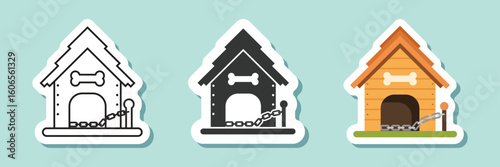 Dog house sticker icon set collection in flat style. Pet home vector illustration on isolated background. Animal shelter sign business concept.