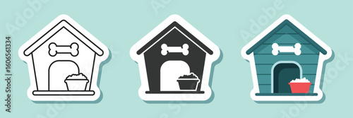 Dog house sticker icon set collection in flat style. Pet home vector illustration on isolated background. Animal shelter sign business concept.