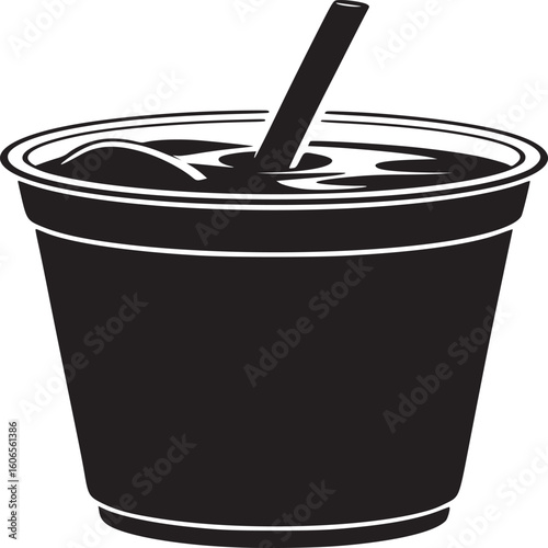 Black silhouette of a plastic cup with a straw and ice cubes on a white gradient background