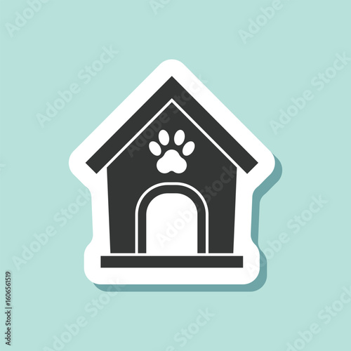 Dog house sticker icon in flat style. Pet home vector illustration on isolated background. Animal shelter sign business concept.