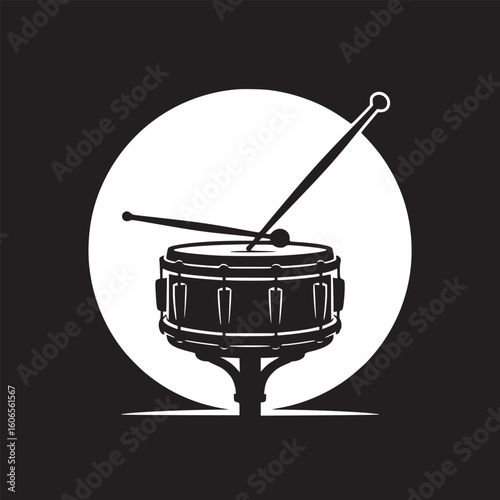 A stylized black and white illustration of a drum set with drumsticks against a circular backdrop