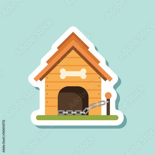 Dog house sticker icon in flat style. Pet home vector illustration on isolated background. Animal shelter sign business concept.