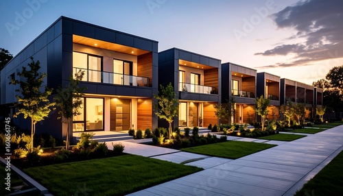 Modern row houses with sleek design and landscaped yards against a twilight sky