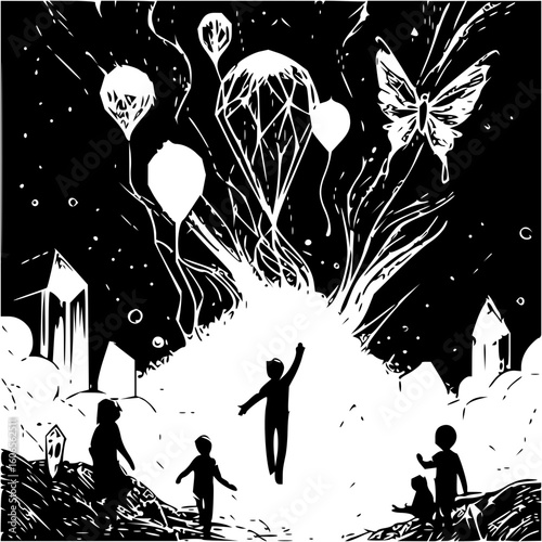 Illustration of children reaching for balloons and a butterfly in a surreal landscape at night time