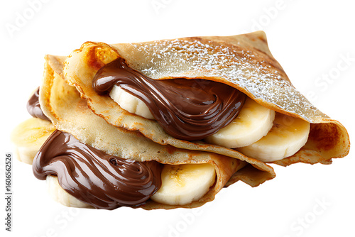 On transparent background a delightful closeup of two crepes filled with banana slices and drizzled with