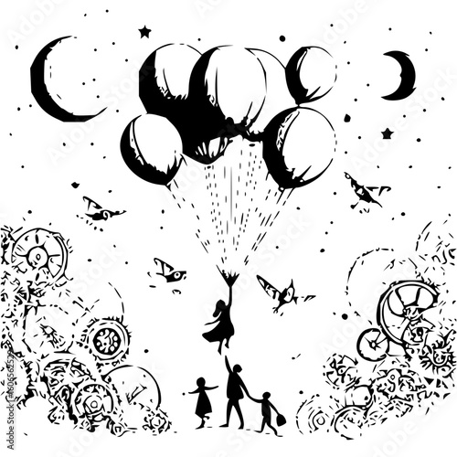 Silhouette of family watching girl ascend with balloons under moon and stars with clockwork elements