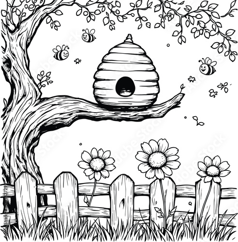 A whimsical drawing of a beehive in a tree with bees flowers and a fence in black and white line art