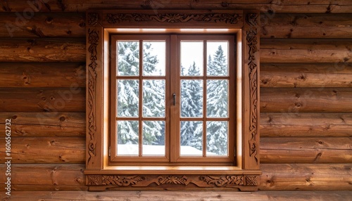 Wooden window in log cabin