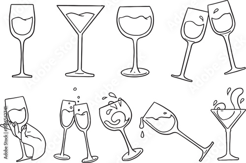 A set of elegant hand-drawn vector illustrations featuring various wine and cocktail glasses, including toasting, spilling, and held by a hand. Perfect for parties, celebrations, bars, and beverage.