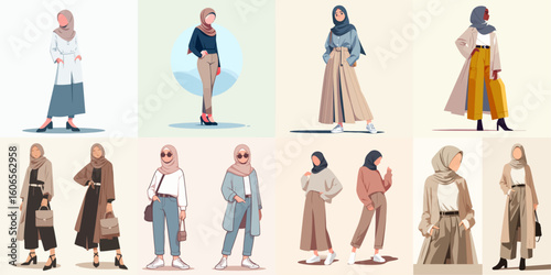 illustration set of a Muslim girl in fashion style