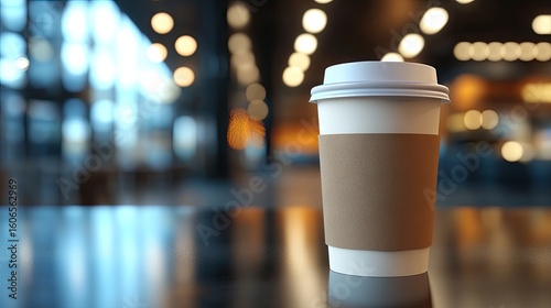 A single-serve coffee cup with a brown paper sleeve sits on a reflective surface.  The background is a blurred, brightly lit interior space