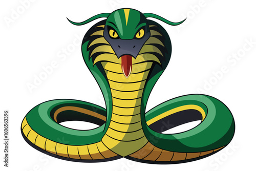 Menacing Cobra Illustration A Vibrant Green and Yellow Serpent with a Threatening Gaze and Raised Hood Displaying Danger