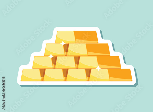 Gold bar stack sticker icon in flat style. Golden ingot vector illustration on isolated background. Financial treasure sign business concept.