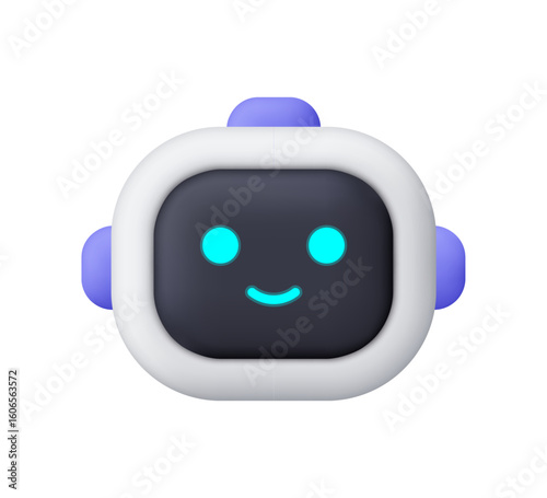 Cute smiling robot face with glowing cyan eyes and mouth. AI, chatbot, technology and robotics concept. 3d vector icon. Cartoon minimal style.