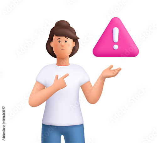 Concerned woman Jane pointing to a pink warning sign, triangle with an exclamation mark. Caution, alert, warning and attention concept. 3d vector people character. Cartoon minimal style.